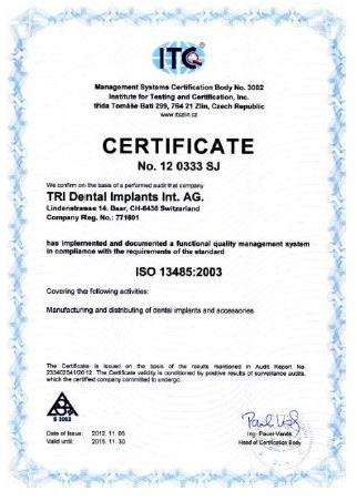 TRI Dental Implants Int. AG Сертификат ISO 13485:2012