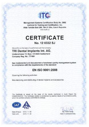 TRI Dental Implants Int. AG Сертификат ISO 9001:2008